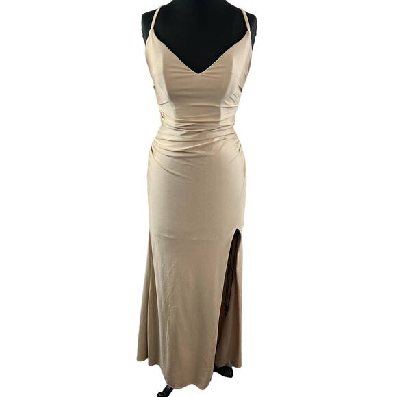 La Femme Gold 6 Bridesmaid Dress V-Neck Cross Back Strap Side Leg Cut Back Zip - Picture 1 of 7